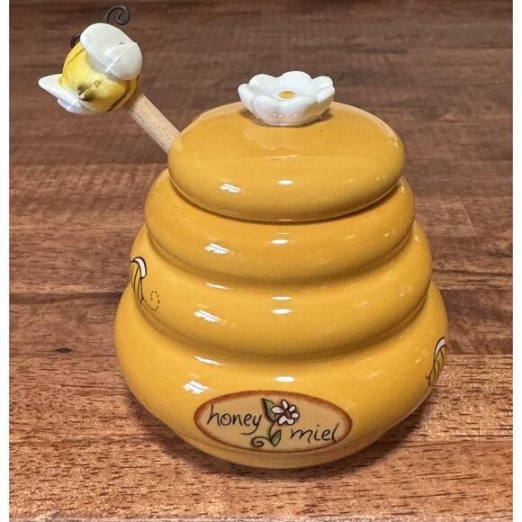 HONEY MIEL CERAMIC HONEY POT JAR WITH LID AND WOODEN HONEY STICK - Picture 1 of 8